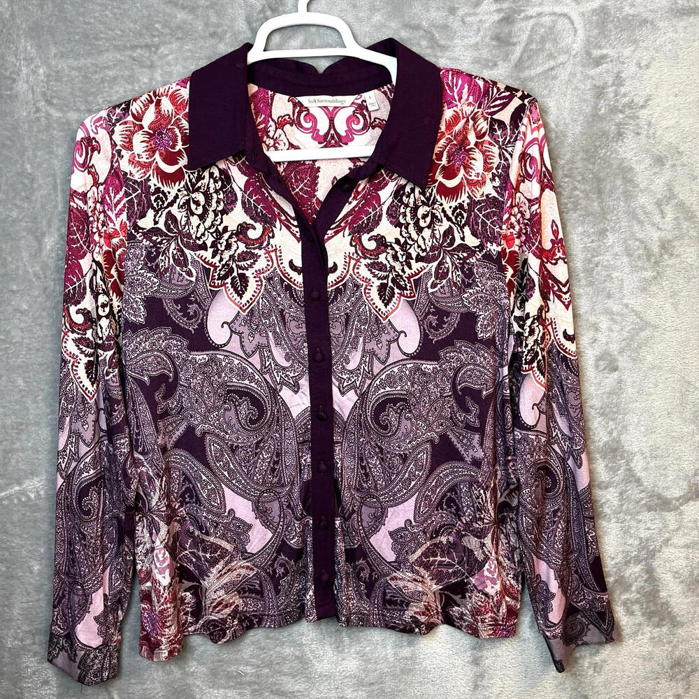 Soft Surroundings Womens Shirt Size Large Paisley Floral Tunic Purple Flowy Soft